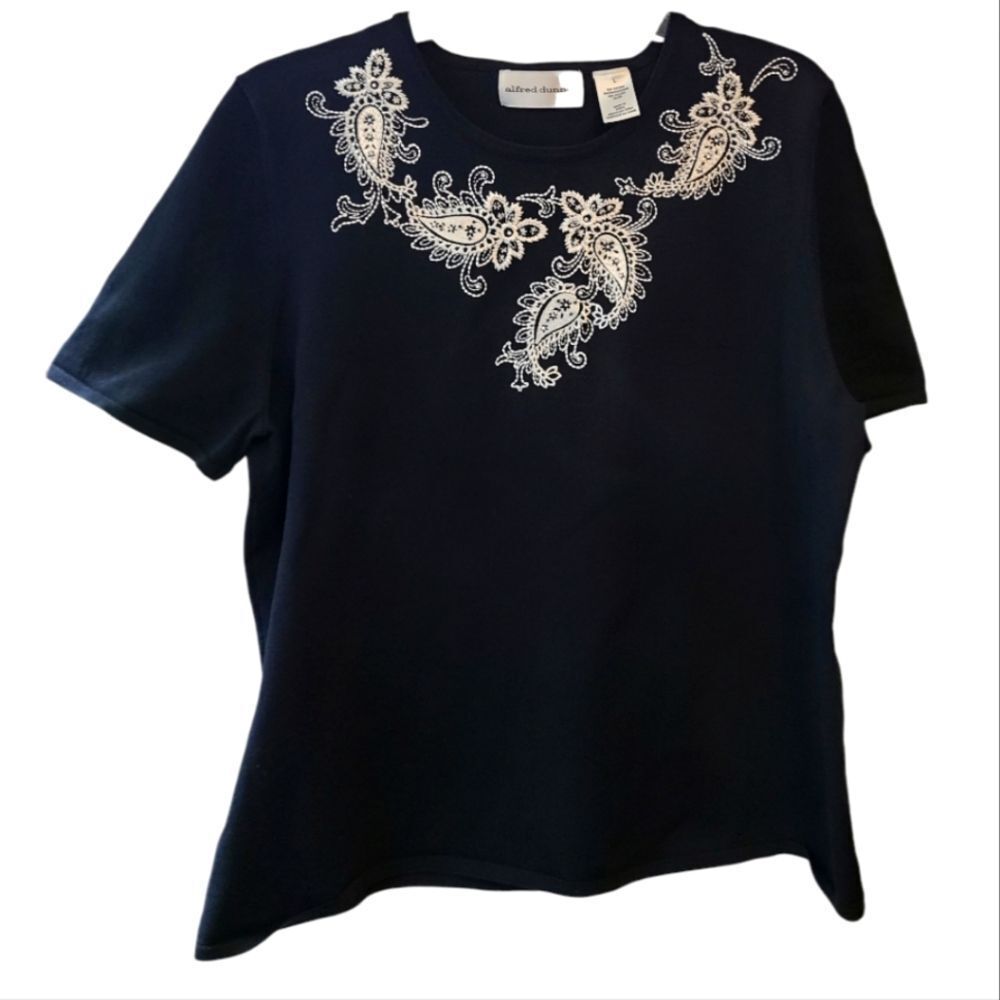 Alfred Dunner Black Embroidered Neckline Blouse